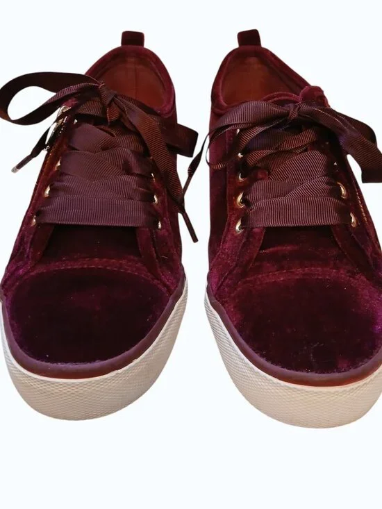 NOT RATED Red/Burgundy Velvet Gold Zipper Satin Lace Sneakers - Picture 11 of 16